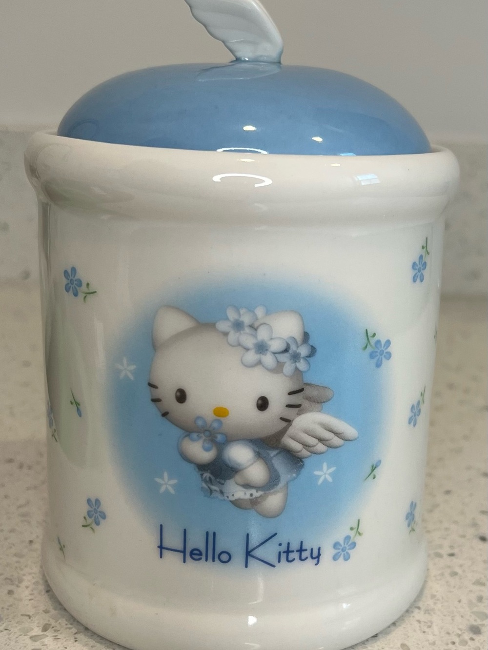 Hello Kitty Blue and White Angel Floral Ceramic Canister with Lid